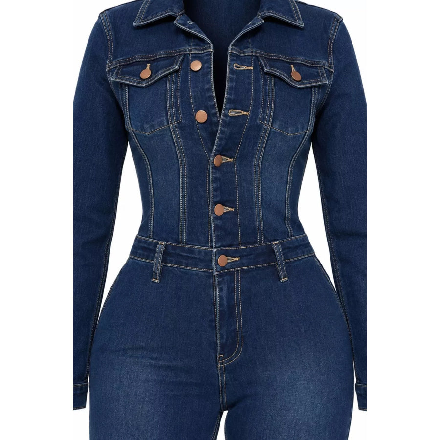 Slim-Fit Long Sleeve Denim Jumpsuit with Flared Legs Apparel and Accessories