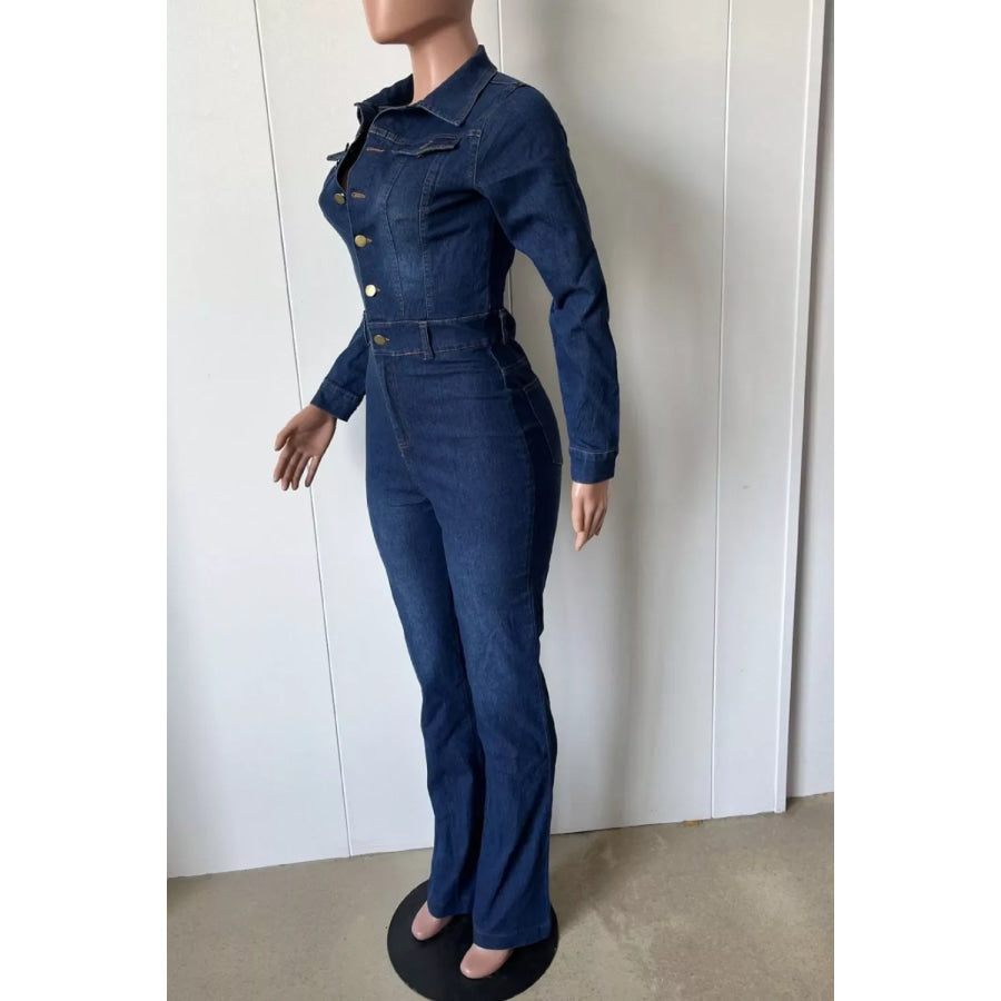 Slim-Fit Long Sleeve Denim Jumpsuit with Flared Legs Apparel and Accessories
