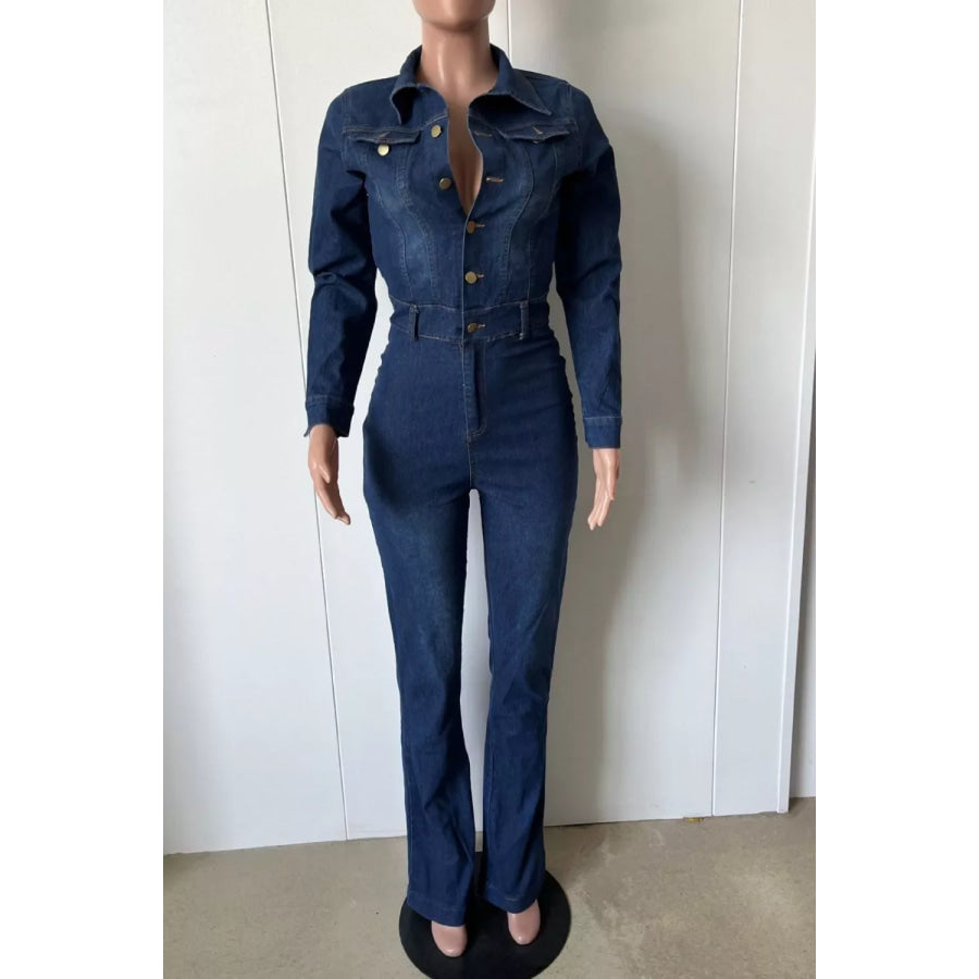 Slim-Fit Long Sleeve Denim Jumpsuit with Flared Legs Apparel and Accessories