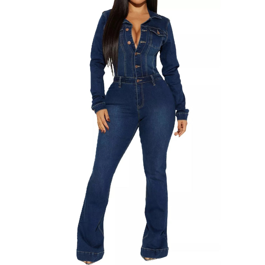Slim-Fit Long Sleeve Denim Jumpsuit with Flared Legs Apparel and Accessories