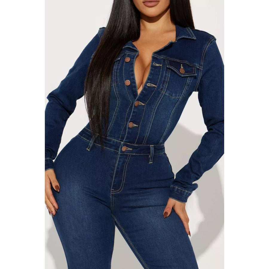Slim-Fit Long Sleeve Denim Jumpsuit with Flared Legs Apparel and Accessories