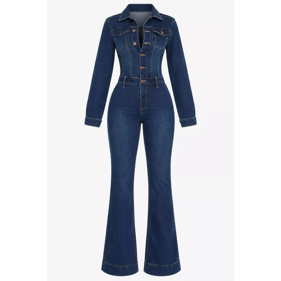Slim-Fit Long Sleeve Denim Jumpsuit with Flared Legs Apparel and Accessories