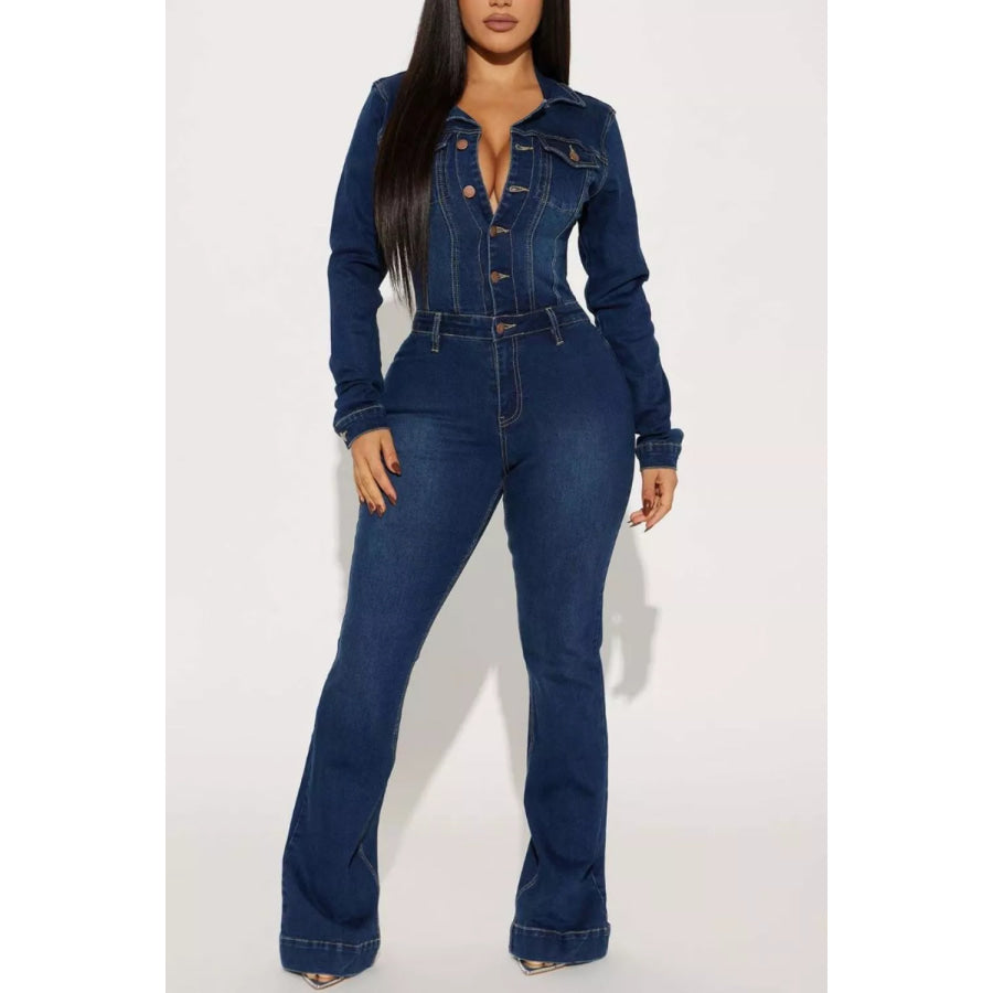 Slim-Fit Long Sleeve Denim Jumpsuit with Flared Legs Dark Blue / S Apparel and Accessories