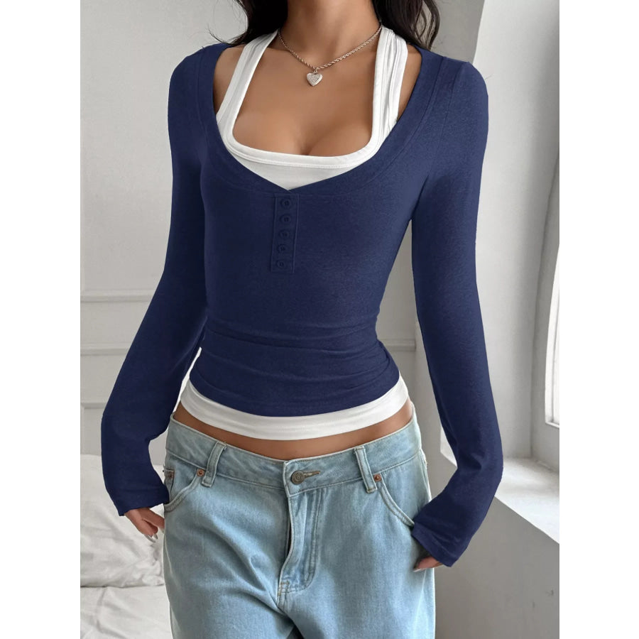 Slim Fit Long Sleeve Fake Two Piece T-Shirt Apparel and Accessories