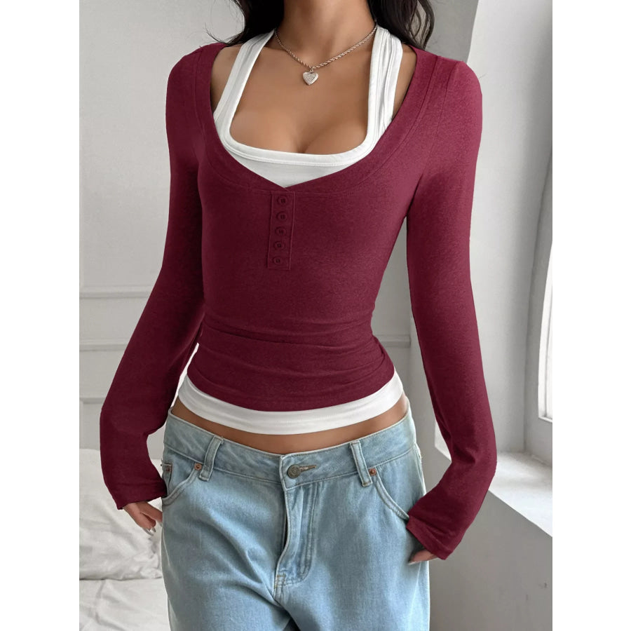 Slim Fit Long Sleeve Fake Two Piece T-Shirt Apparel and Accessories