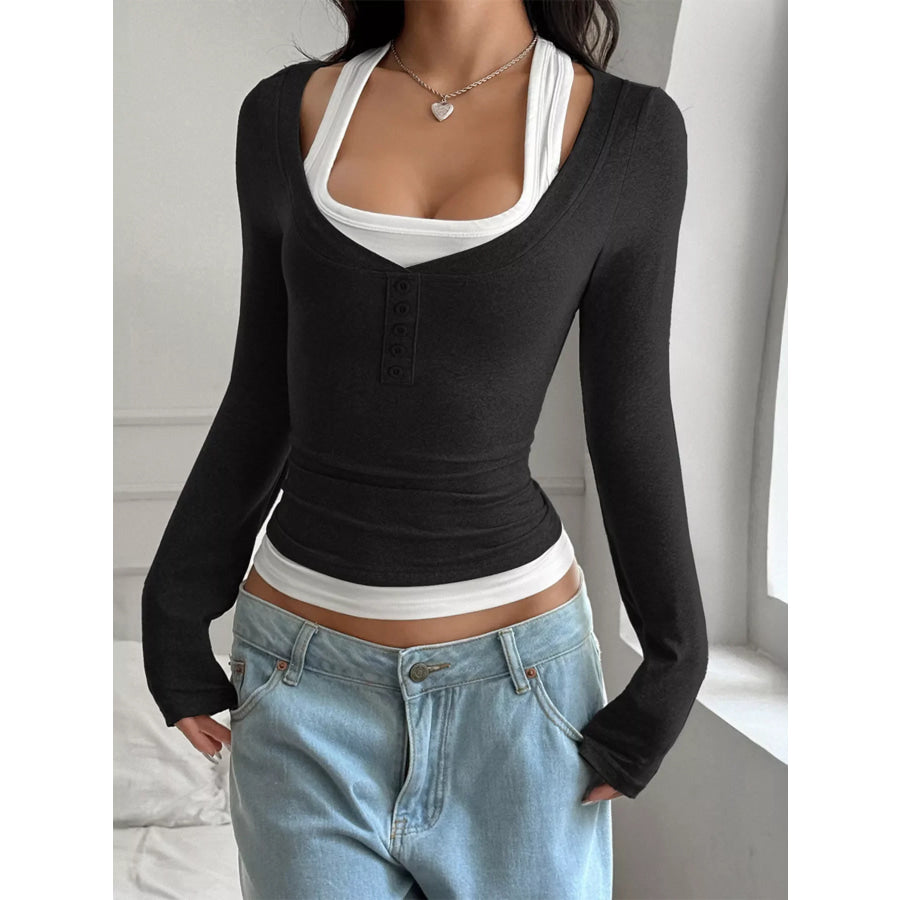 Slim Fit Long Sleeve Fake Two Piece T-Shirt Black / S Apparel and Accessories