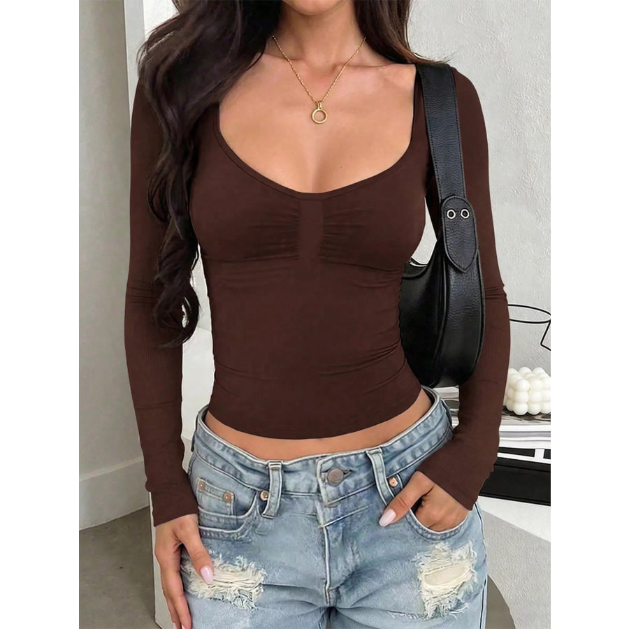 Slim-Fit Long Sleeve Scoop Neck Ruched T-Shirt Apparel and Accessories