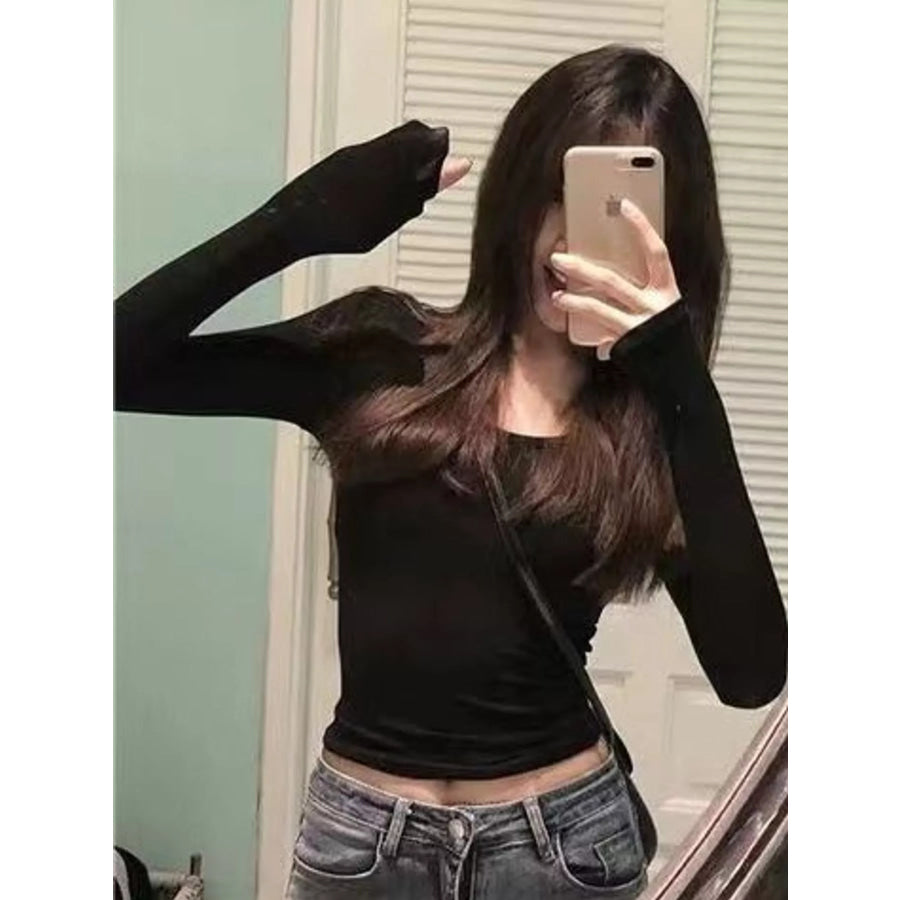 Slim-Fit Long Sleeve U-Neck Cropped T-Shirt Apparel and Accessories