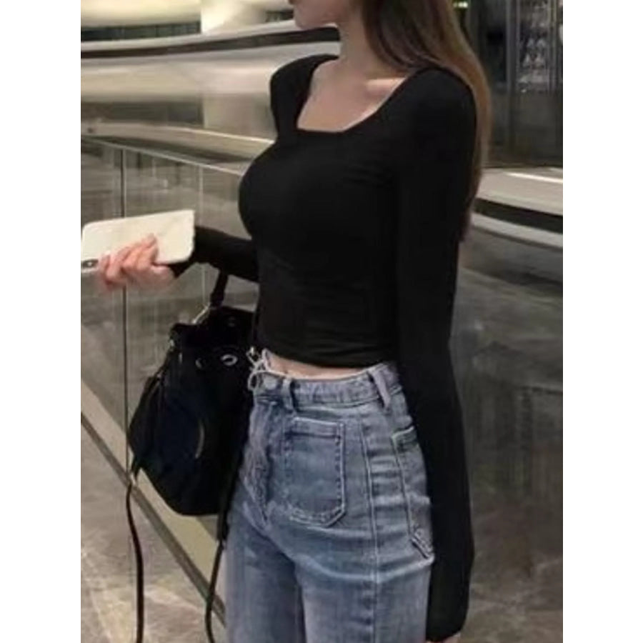 Slim-Fit Long Sleeve U-Neck Cropped T-Shirt Apparel and Accessories