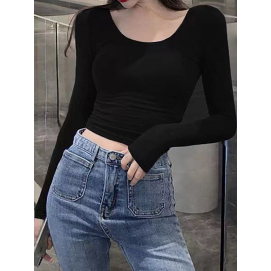 Slim-Fit Long Sleeve U-Neck Cropped T-Shirt Black / S Apparel and Accessories