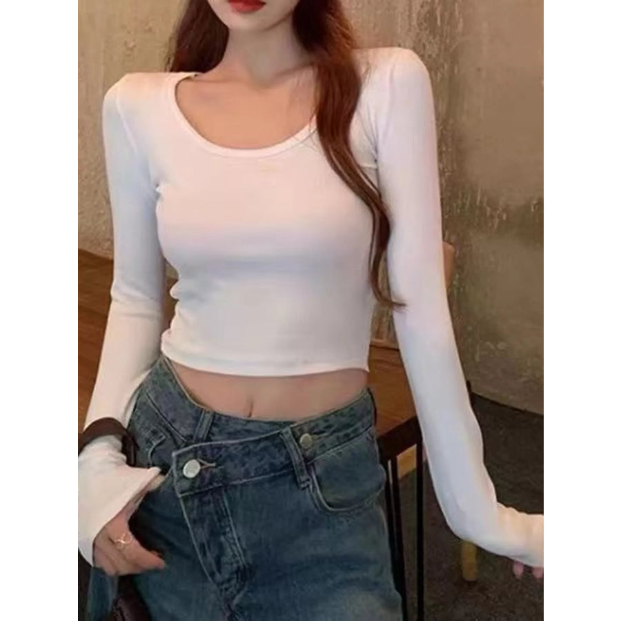 Slim-Fit Long Sleeve U-Neck Cropped T-Shirt White / S Apparel and Accessories