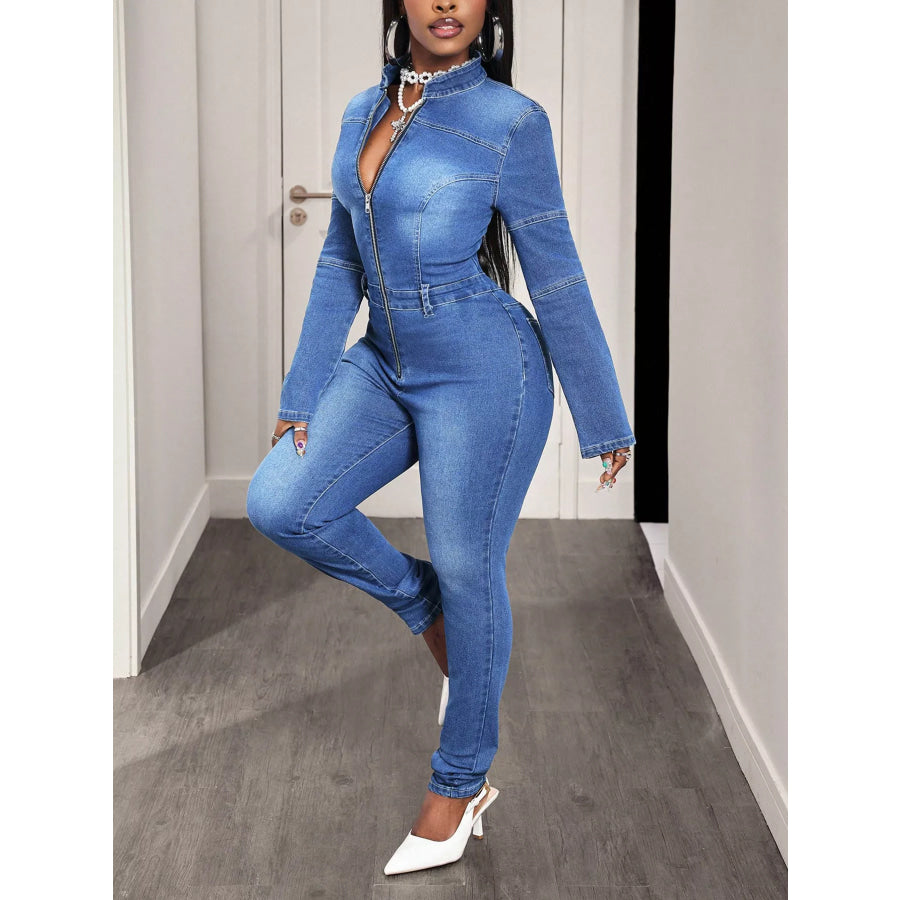 Slim-Fit Long Sleeve Zip-Front Denim Jumpsuit Apparel and Accessories