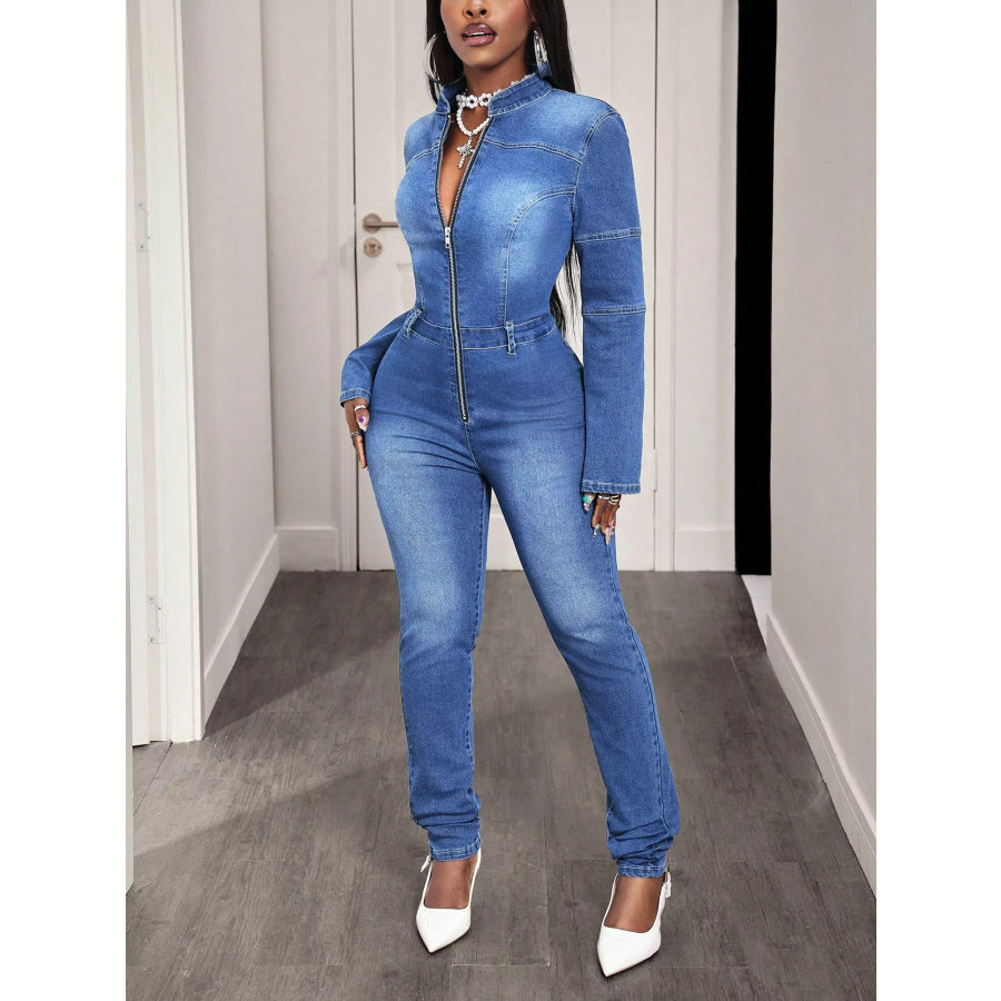Slim-Fit Long Sleeve Zip-Front Denim Jumpsuit Apparel and Accessories