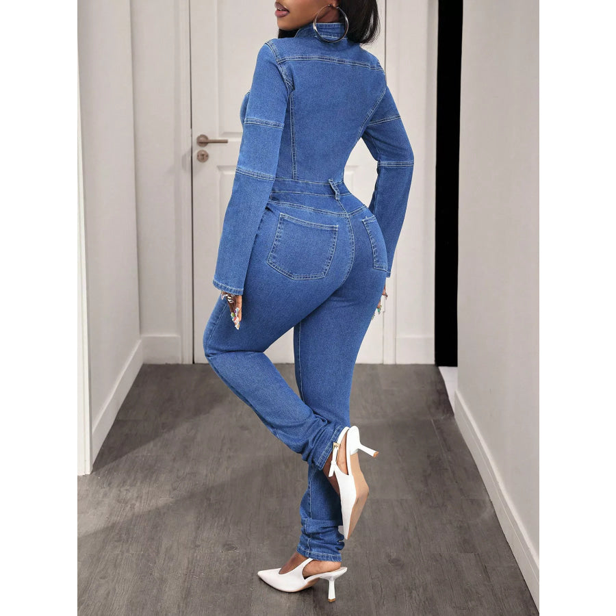 Slim-Fit Long Sleeve Zip-Front Denim Jumpsuit Apparel and Accessories