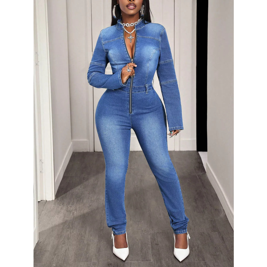 Slim-Fit Long Sleeve Zip-Front Denim Jumpsuit Blue / S Apparel and Accessories