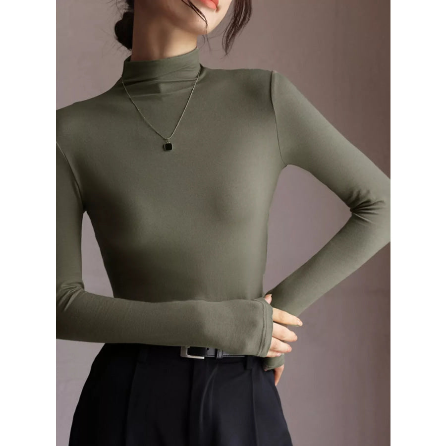 Slim-Fit Mock Neck Long Sleeve T-Shirt Stone Brown Green / S Apparel and Accessories