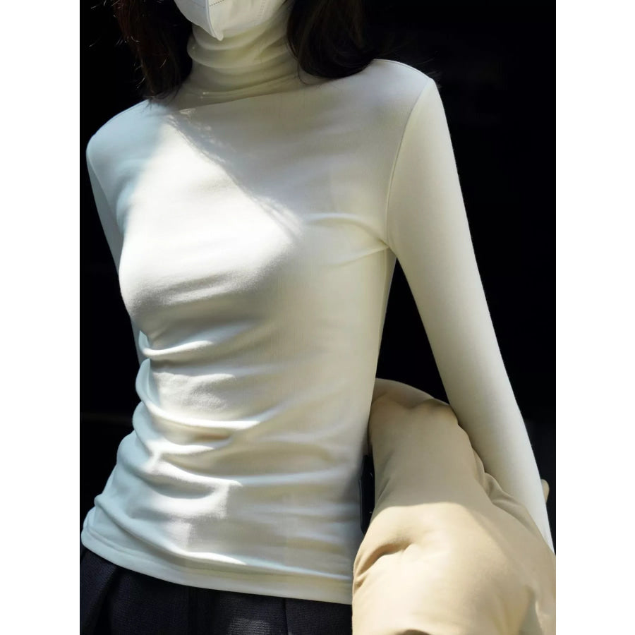 Slim-Fit Turtleneck Long Sleeve T-Shirt Milk White / One Size Apparel and Accessories