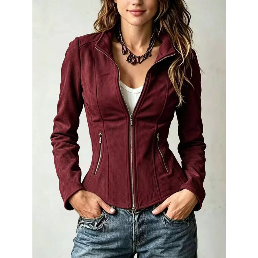 Slim-Fit Zip-Up Jacket Burgundy / S Apparel and Accessories