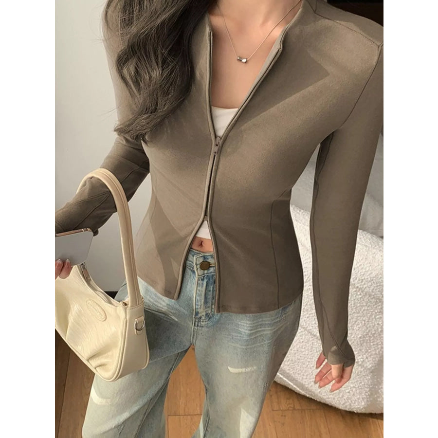 Slim-Fit Zip-Up Long Sleeve Jacket Elegant Wood Brown / S Apparel and Accessories