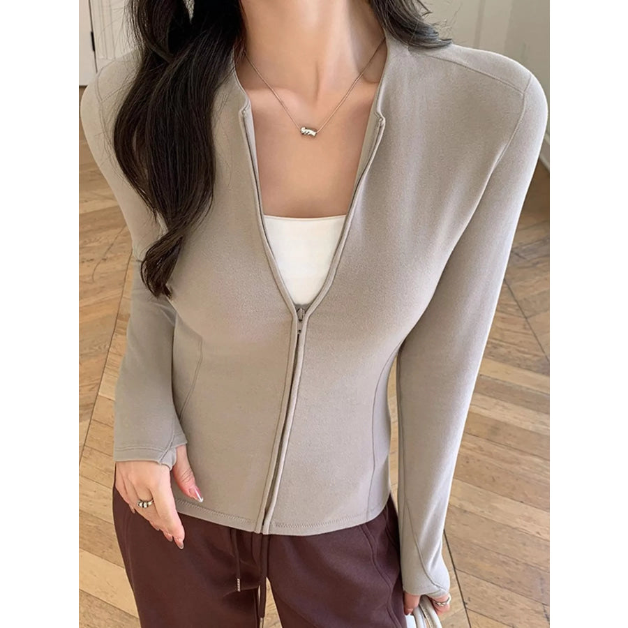 Slim-Fit Zip-Up Long Sleeve Jacket Wheat Straw Coffee / S Apparel and Accessories