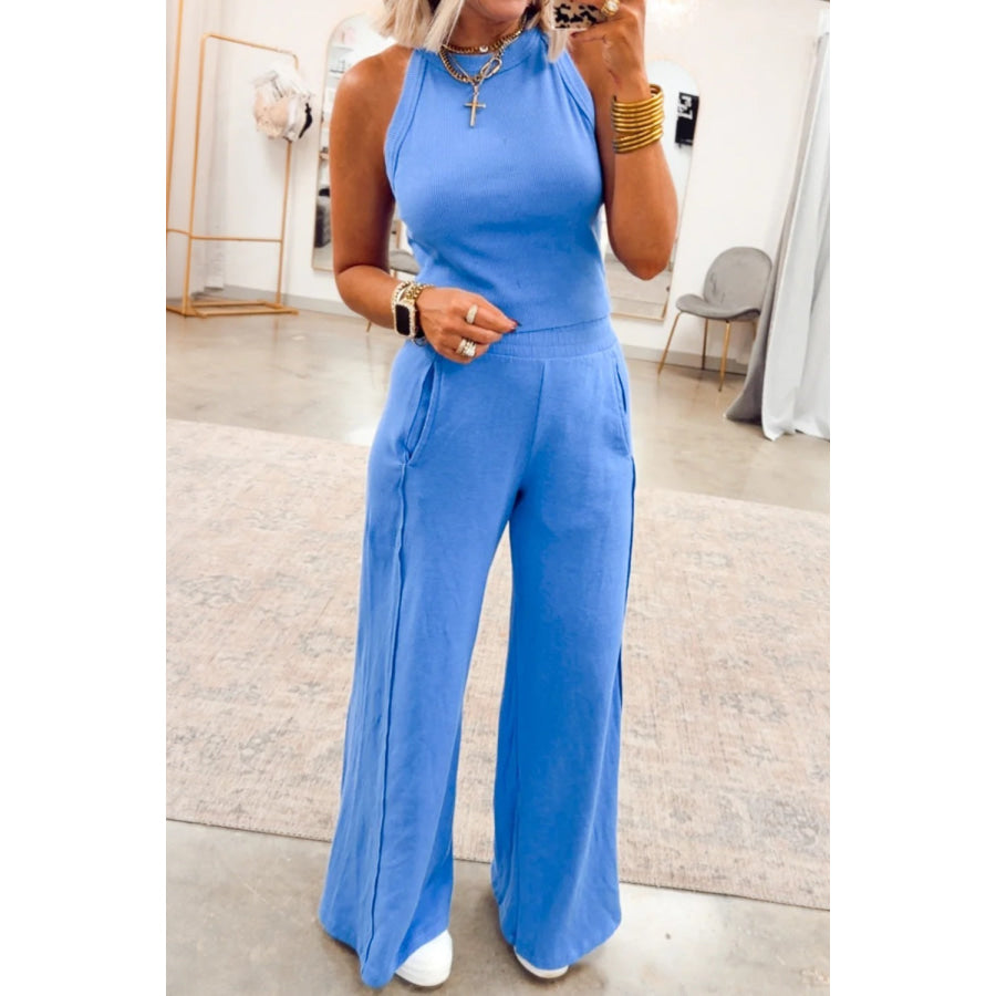 Slim Ribbed Tank Top and Sweatpants Set Blue / M Apparel and Accessories