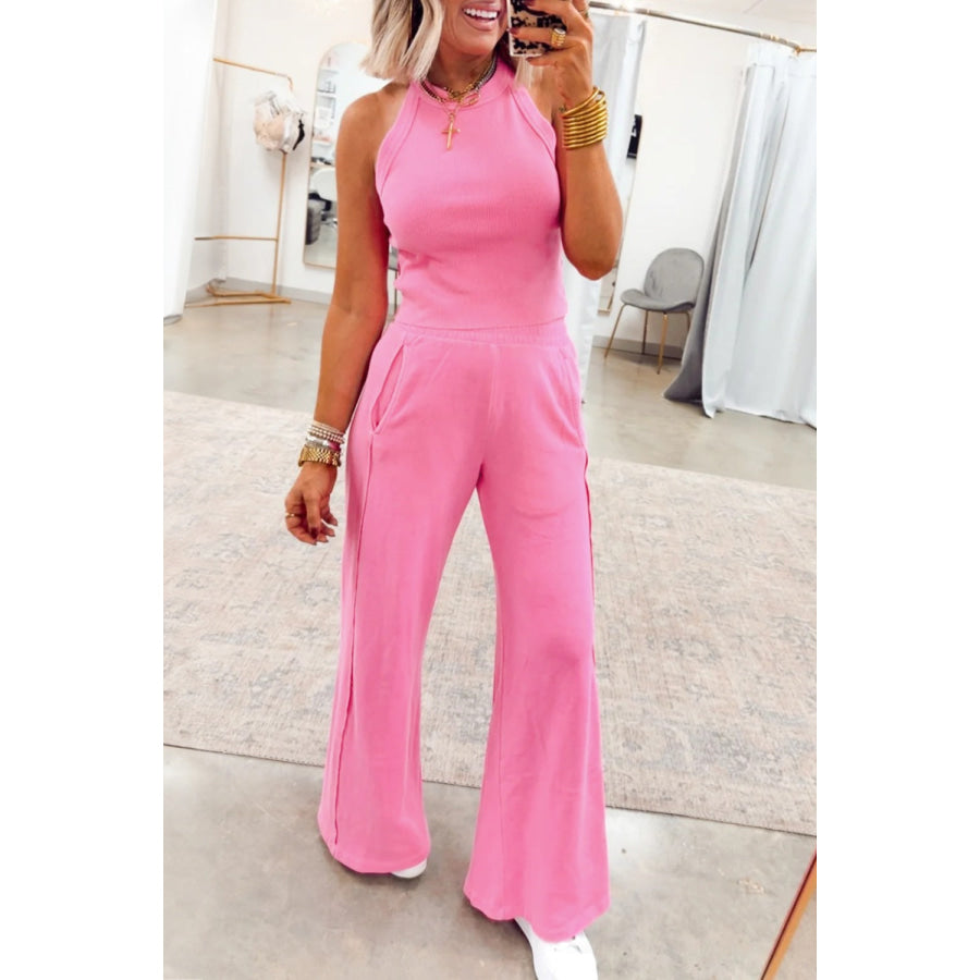 Slim Ribbed Tank Top and Sweatpants Set Pink / M Apparel and Accessories