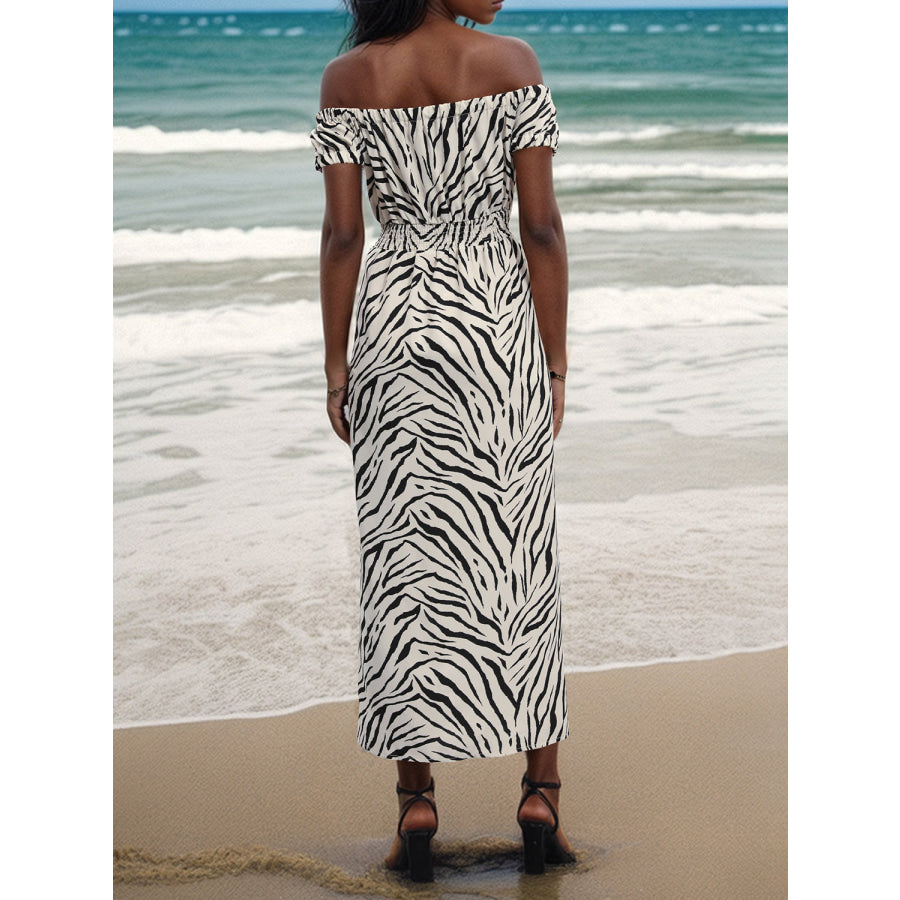 Slit Animal Print Off - Shoulder Midi Dress Apparel and Accessories