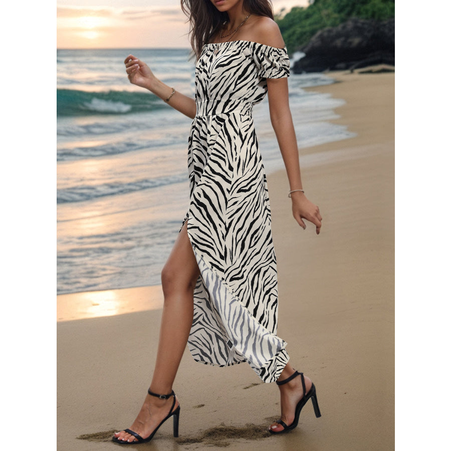 Slit Animal Print Off - Shoulder Midi Dress Apparel and Accessories