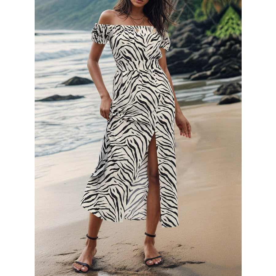 Slit Animal Print Off - Shoulder Midi Dress White / S Apparel and Accessories