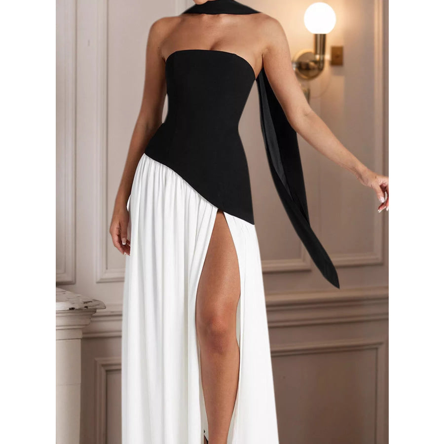 Slit Asymmetrical Two-Tone Tube Maxi Dress Black And White / XS Apparel Accessories