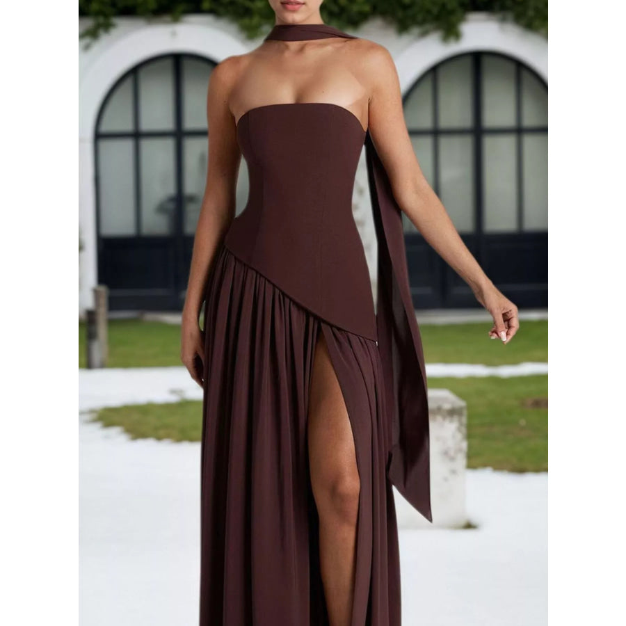 Slit Asymmetrical Two-Tone Tube Maxi Dress Apparel and Accessories