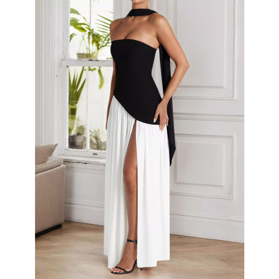 Slit Asymmetrical Two-Tone Tube Maxi Dress Black And White / XS Apparel and Accessories