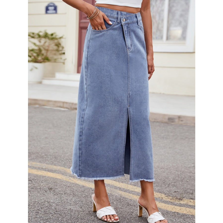 Slit Asymmetrical Waist Denim Skirt Apparel and Accessories