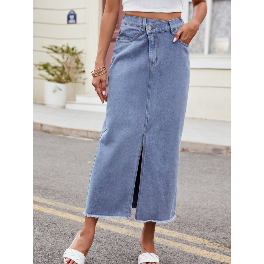 Slit Asymmetrical Waist Denim Skirt Apparel and Accessories