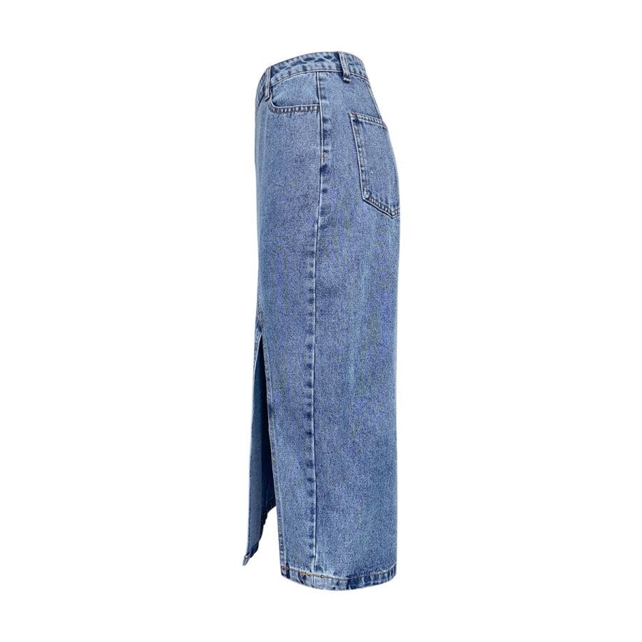 Slit Asymmetrical Waistband Midi Denim Skirt Apparel and Accessories