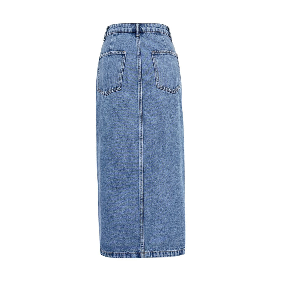 Slit Asymmetrical Waistband Midi Denim Skirt Apparel and Accessories