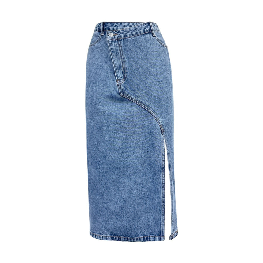 Slit Asymmetrical Waistband Midi Denim Skirt Apparel and Accessories