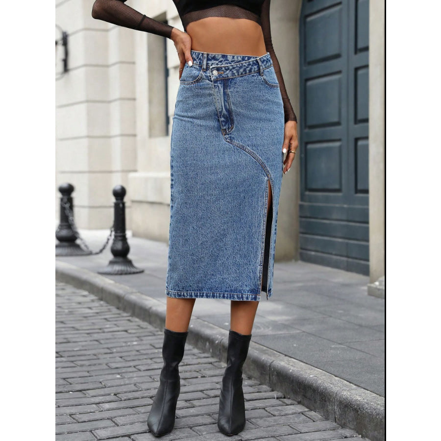 Slit Asymmetrical Waistband Midi Denim Skirt Medium / XS Apparel and Accessories