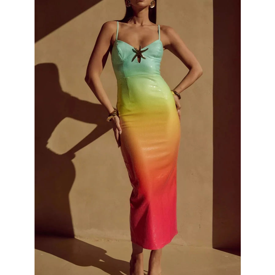 Slit Back Gradient Cami Dress Green Red / S Apparel and Accessories