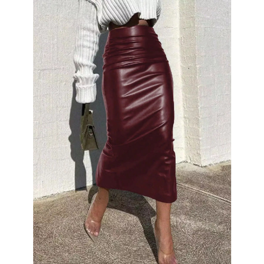 Slit Back Leather Skirt Burgundy / S Apparel and Accessories