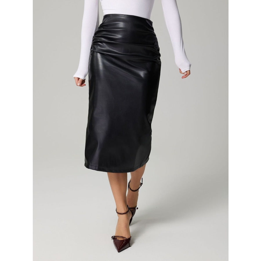 Slit Back Ruched Midi Skirt Black / S Apparel and Accessories