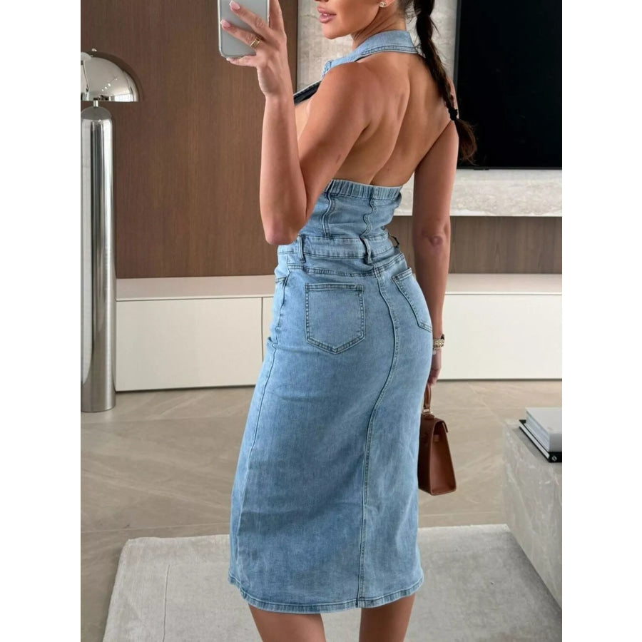 Slit Backless Halter Neck Button-Down Denim Midi Dress Apparel and Accessories