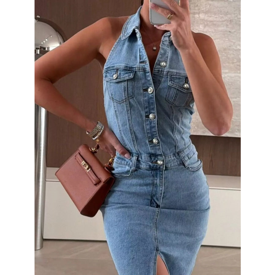 Slit Backless Halter Neck Button-Down Denim Midi Dress Apparel and Accessories