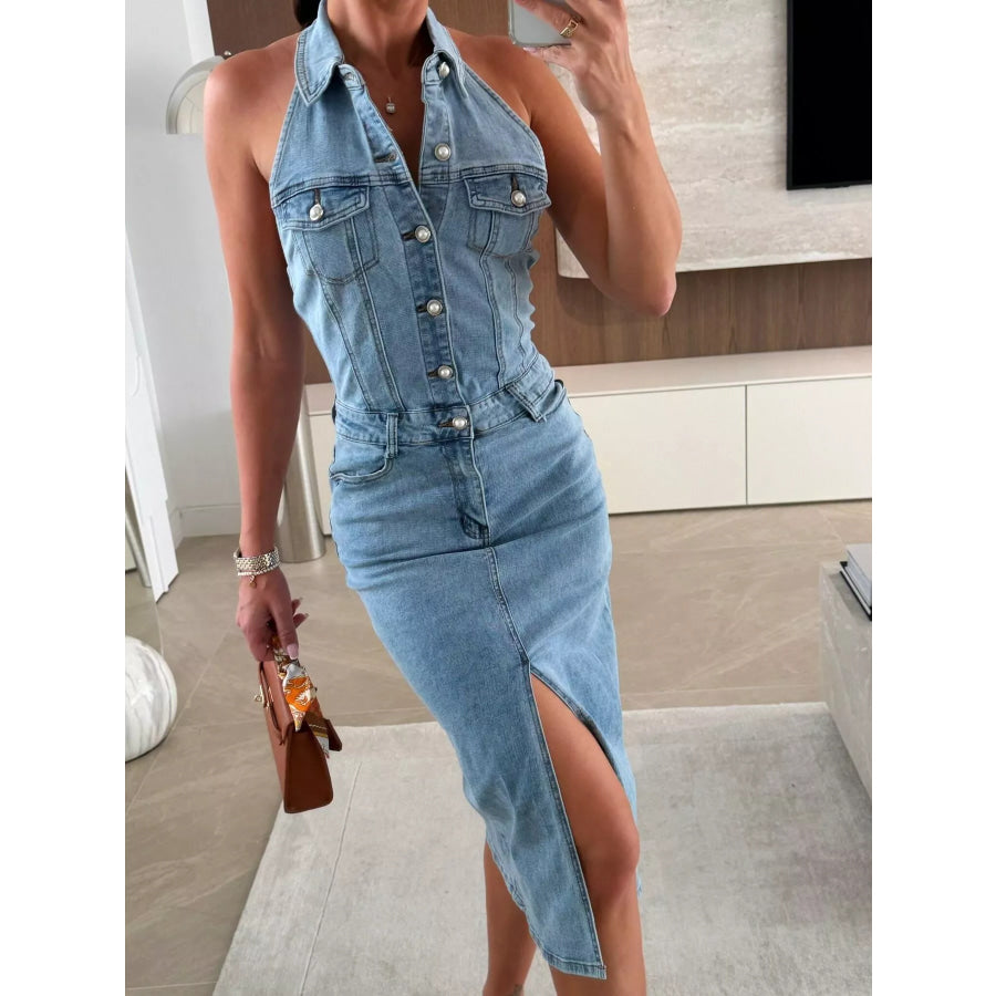 Slit Backless Halter Neck Button-Down Denim Midi Dress Apparel and Accessories