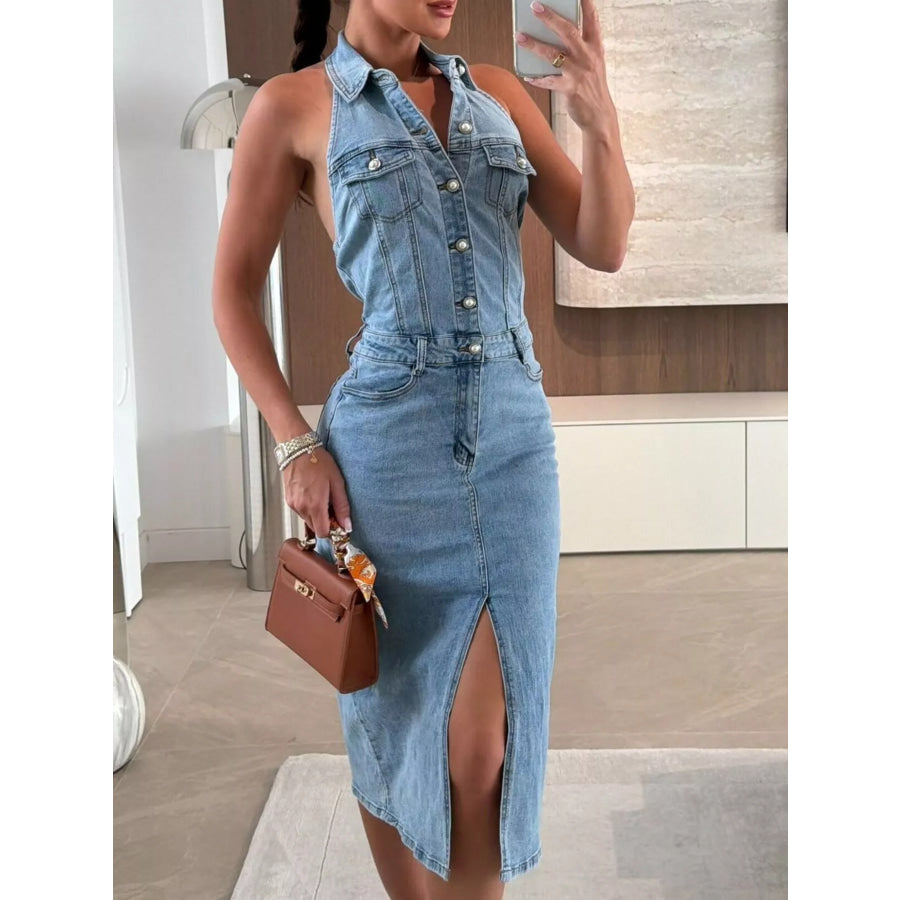 Slit Backless Halter Neck Button-Down Denim Midi Dress Blue / S Apparel and Accessories