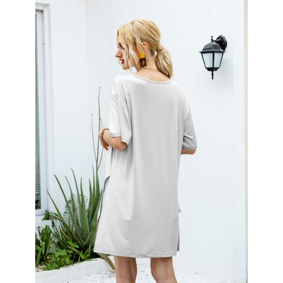 Slit Boat Neck Half Sleeve T - Shirt Apparel and Accessories