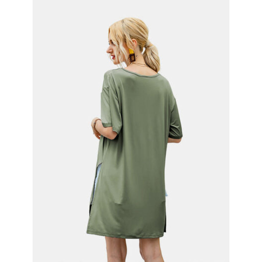 Slit Boat Neck Half Sleeve T - Shirt Apparel and Accessories