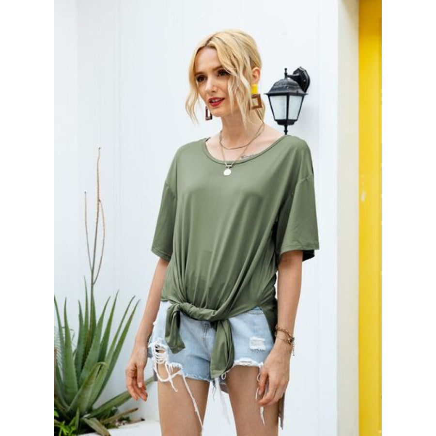 Slit Boat Neck Half Sleeve T - Shirt Apparel and Accessories