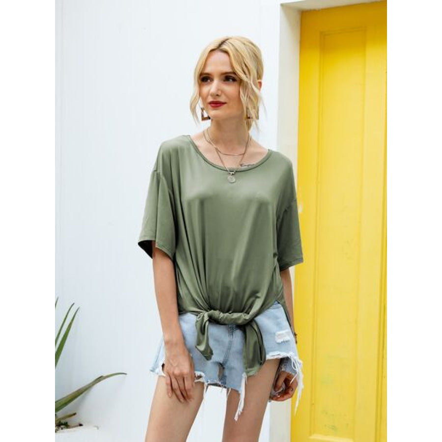 Slit Boat Neck Half Sleeve T - Shirt Army Green / S Apparel and Accessories