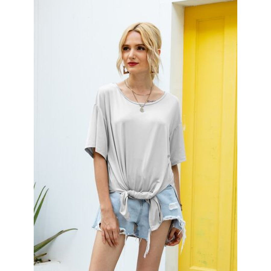 Slit Boat Neck Half Sleeve T - Shirt Light Gray / S Apparel and Accessories